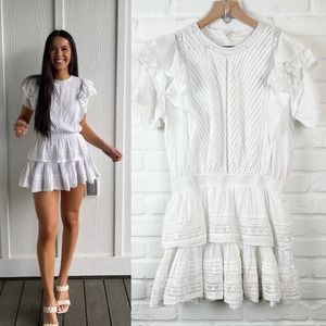 Maia Bergman Mery Mini Dress Eyelet lace Cotton flutter sleeves White Large